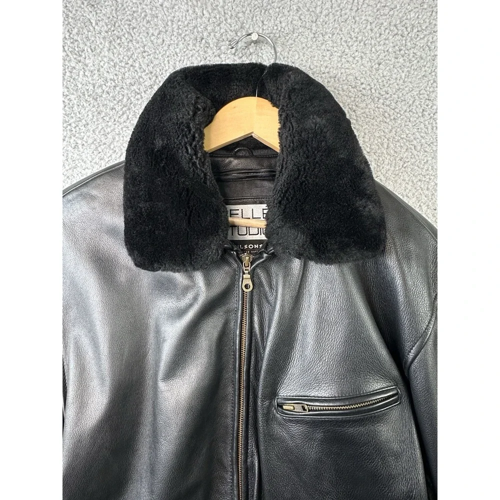 Wilsons Leather Pelle Studio Black Jacket Women L Removable Fur Collar Belted